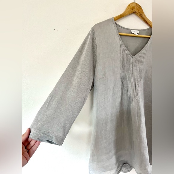 J. Jill Love Linen Grey Pleated Placket ¾ Sleeve Tunic Top Size Large - Picture 3 of 9